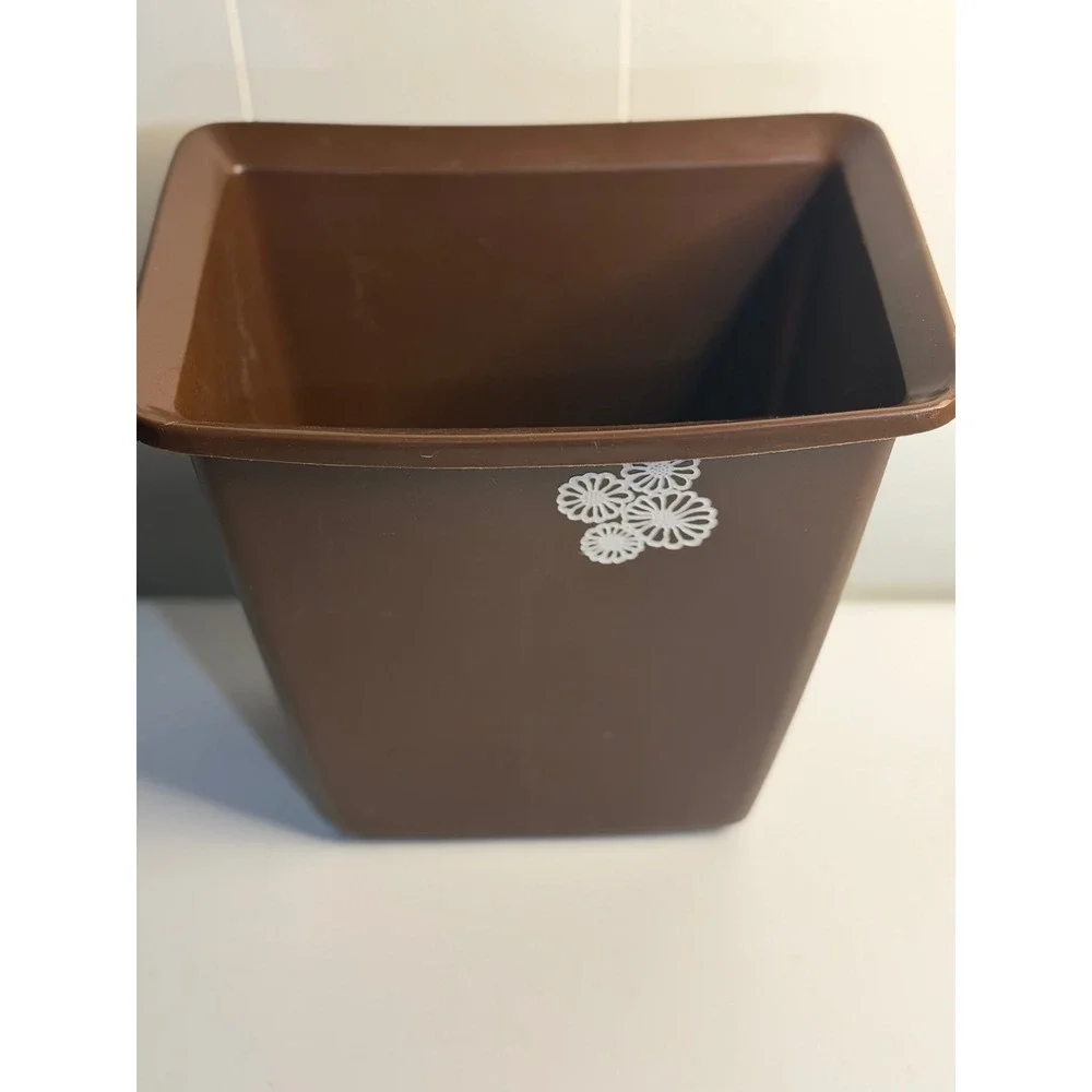 VTG Rubbermaid Wastebasket Brown Floral Trash Can Plastic Bin Small Retro Decor